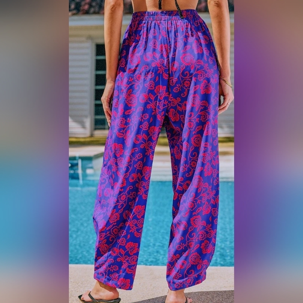 Cupshe Vibrant Blue and Red Sangria Sands Floral Cover Up Pants - Picture 3 of 10